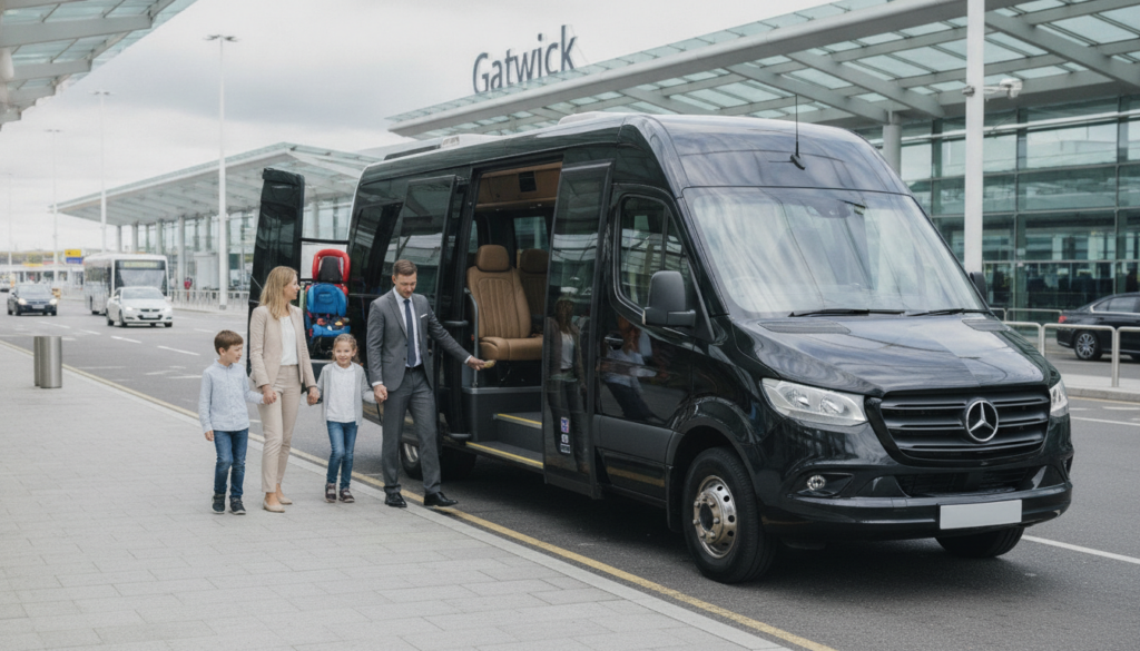 Travelling with Young Children to Gatwick: A Guide to Smooth Minibus Journeys — executive minibus meeting a group at Gatwick Airport
